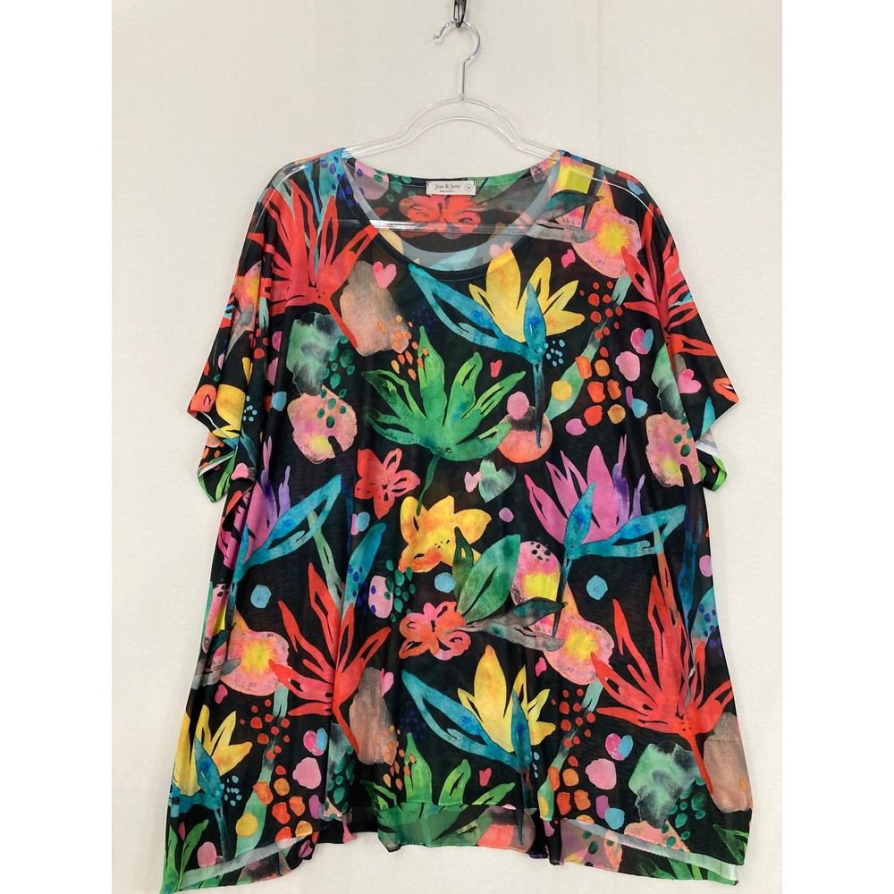 Jess & Jane Mesh Top 1X Tropical Floral Short Sleeve Stretch Relaxed Artsy